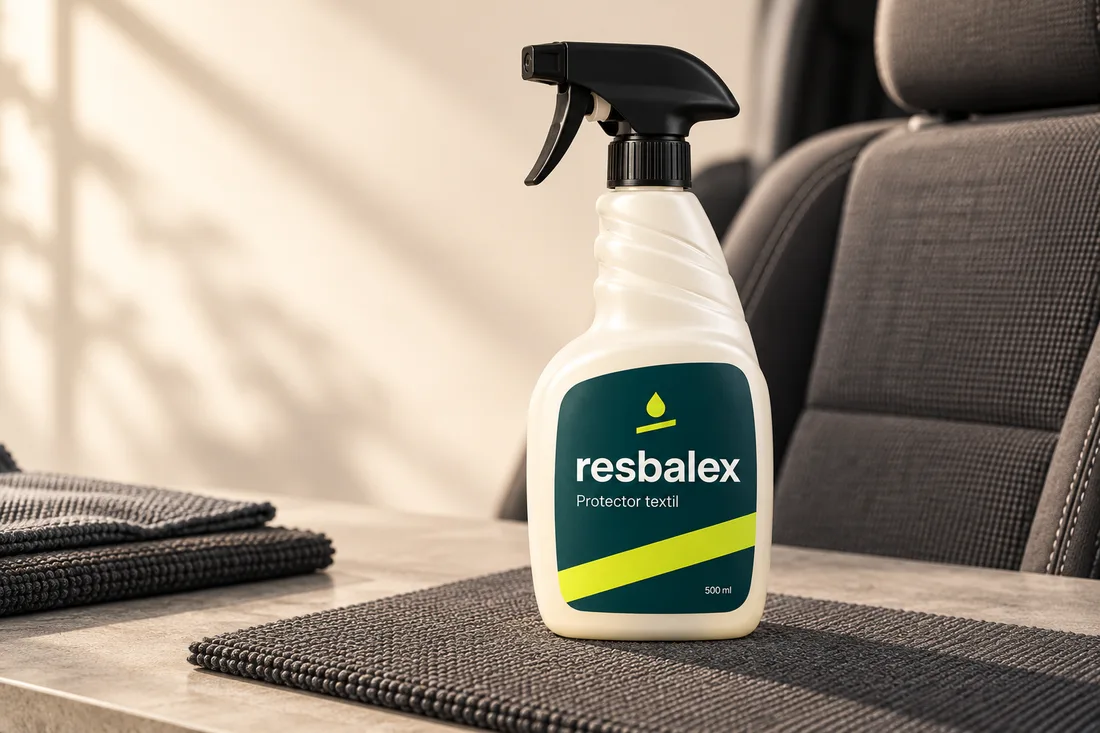 Concepto de Resbalex 500 ml sobre tejido, con un asiento de tela al fondo